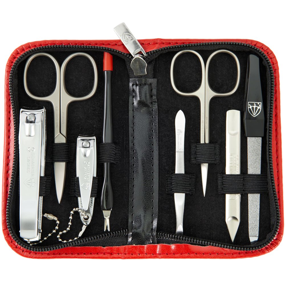 3 Swords Germany  brand quality 8 piece manicure pedicure grooming kit set for professional nail care with synthetic leather case red - Made in Germany