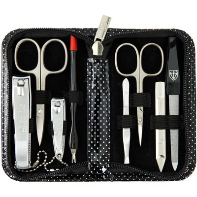 3 Swords Germany  brand quality 8 piece manicure pedicure grooming kit set for professional nail care with synthetic leather case black silver spots - Made in Germany