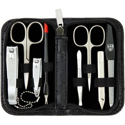 3 Swords Germany  brand quality 8 piece manicure pedicure grooming kit set for professional nail care with synthetic leather case ostrich black - Made in Germany