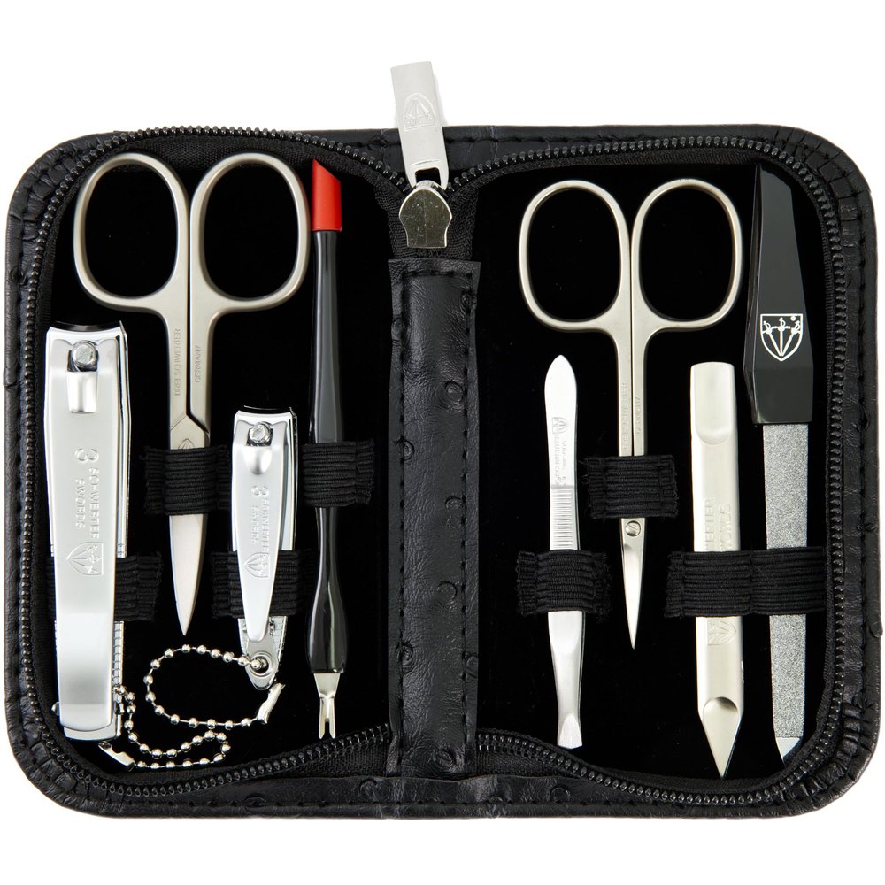 3 Swords Germany  brand quality 8 piece manicure pedicure grooming kit set for professional nail care with synthetic leather case ostrich black - Made in Germany