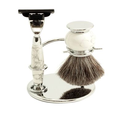 Bey-Berk Owen White Stone Shaving Set, 3-Piece Razor and Pure Badger Brush on Chrome Stand, Compatible with Mach 3 Blades, Marble-Effect Wet Shaving Kit for Men