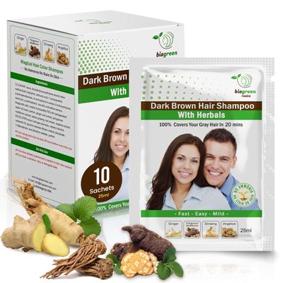BIOGREEN ROOTS Ammonia-Free & Paraben Free Herbal Hair Shampoo - Hair Dye Shampoo for Women & Men - Natural Color & Herbal Nourishment - No Stain on Skin - Dark Brown (10 sachets x 25ml)