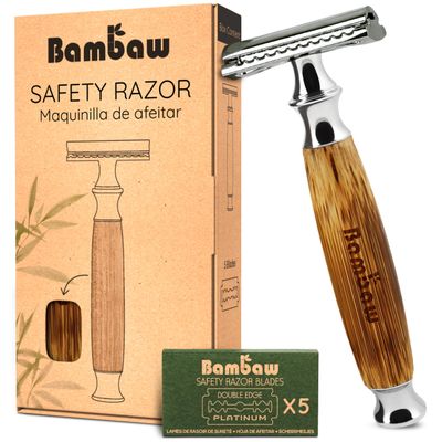 Bambaw Double Edge Safety Razor for Men & Women, Double Edge Razor with 5 Blades, Eco-Friendly Safety Razors, Reusable & Plastic Free  Thick Bamboo Silver