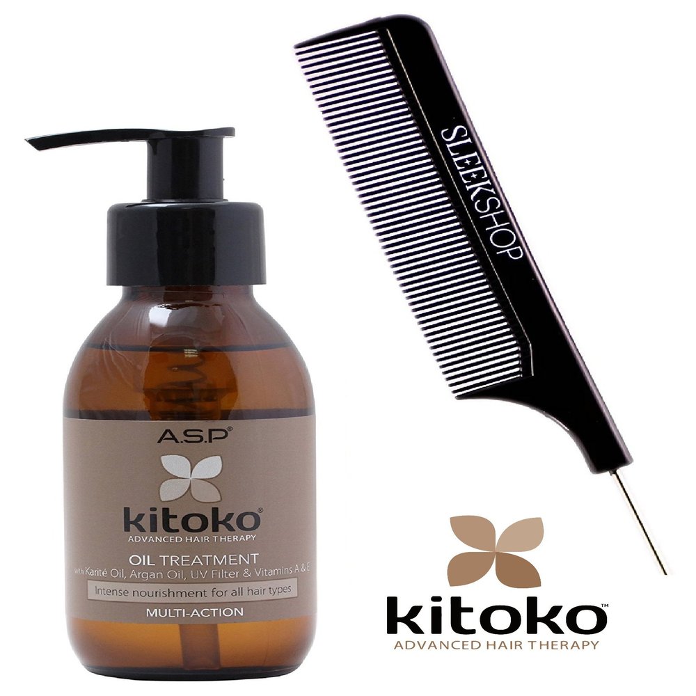 Affinage ASP KITOKO OIL TREATMENT with Karite Oil, Argan Oil, UV Filter, & Vitamins A & E (with Sleek Steel Pin Tail Comb) (9.8 oz / 290 ml)