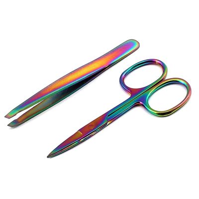 AAPROTOOLS 2PCS Eyebrow Scissor TWEEZER Slant TIP Facial Hair Remover Chameleon Rainbow Stainless Steel Makeup Tool A+ Quality