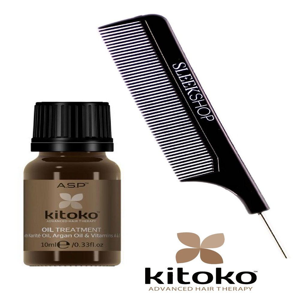 Affinage ASP KITOKO OIL TREATMENT with Karite Oil, Argan Oil, UV Filter, & Vitamins A & E (with Sleek Steel Pin Tail Comb) (0.33 oz / 10 ml)