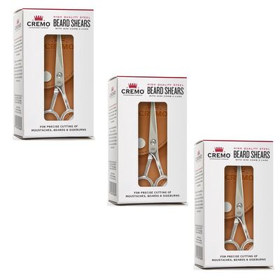 Cremo Beard and Mustache Stainless Steel Shears with Synthetic Leather Carrying Case and Comb for Precise Facial Hair Trimming (Pack of 3)
