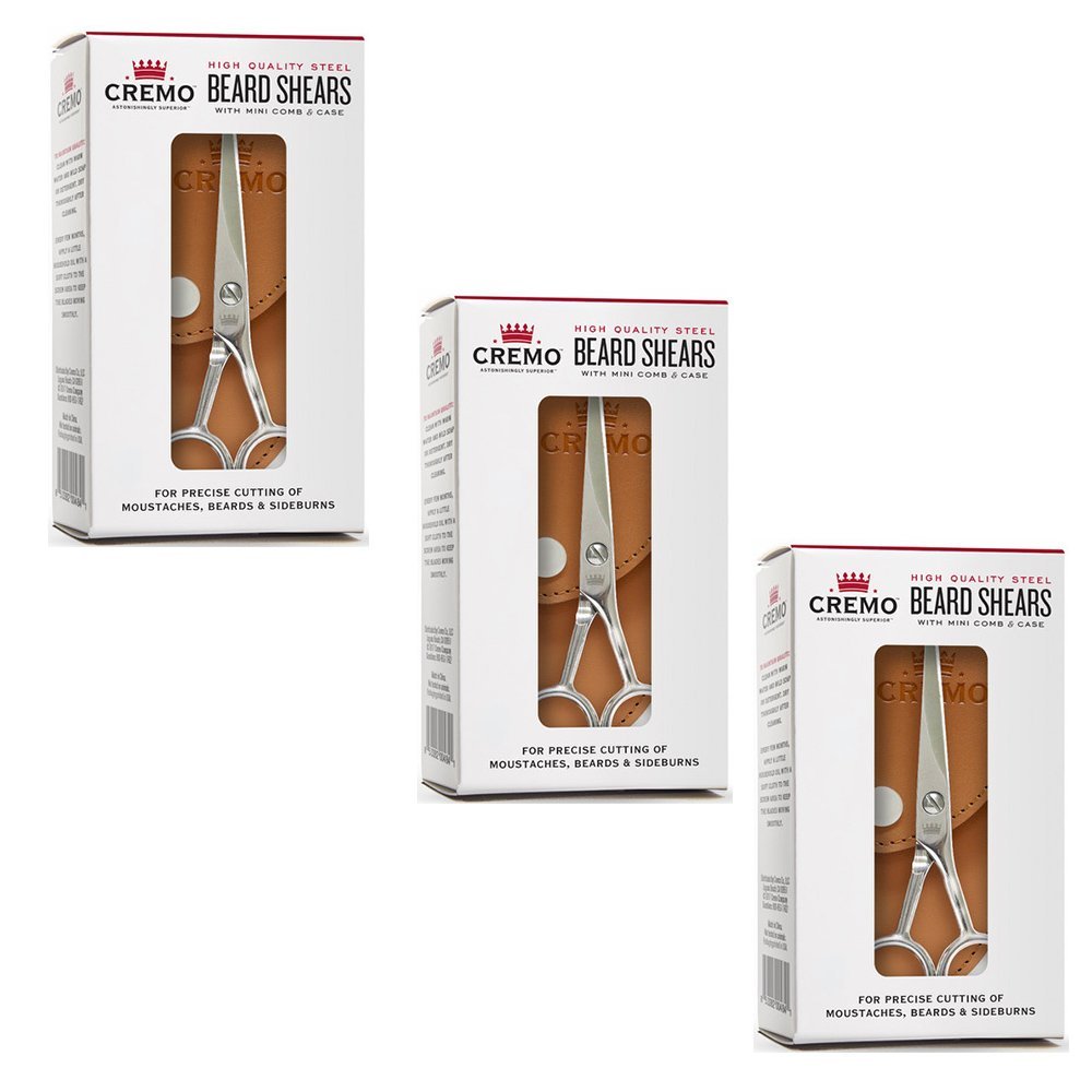 Cremo Beard and Mustache Stainless Steel Shears with Synthetic Leather Carrying Case and Comb for Precise Facial Hair Trimming (Pack of 3)
