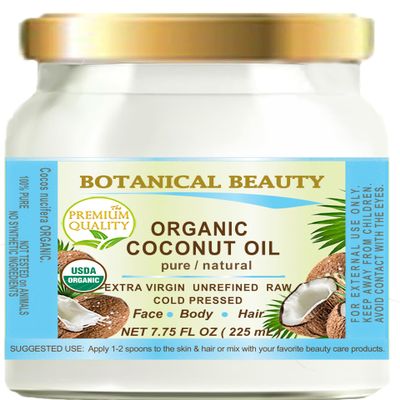 Botanical Beauty Organic COCONUT OIL WILD GROWTH Pure EXTRA VIRGIN UNREFINED Natural Undiluted COLD PRESSED 7.75 Fl.oz 225 ml for Face, Skin, Hair, Lip, Nails
