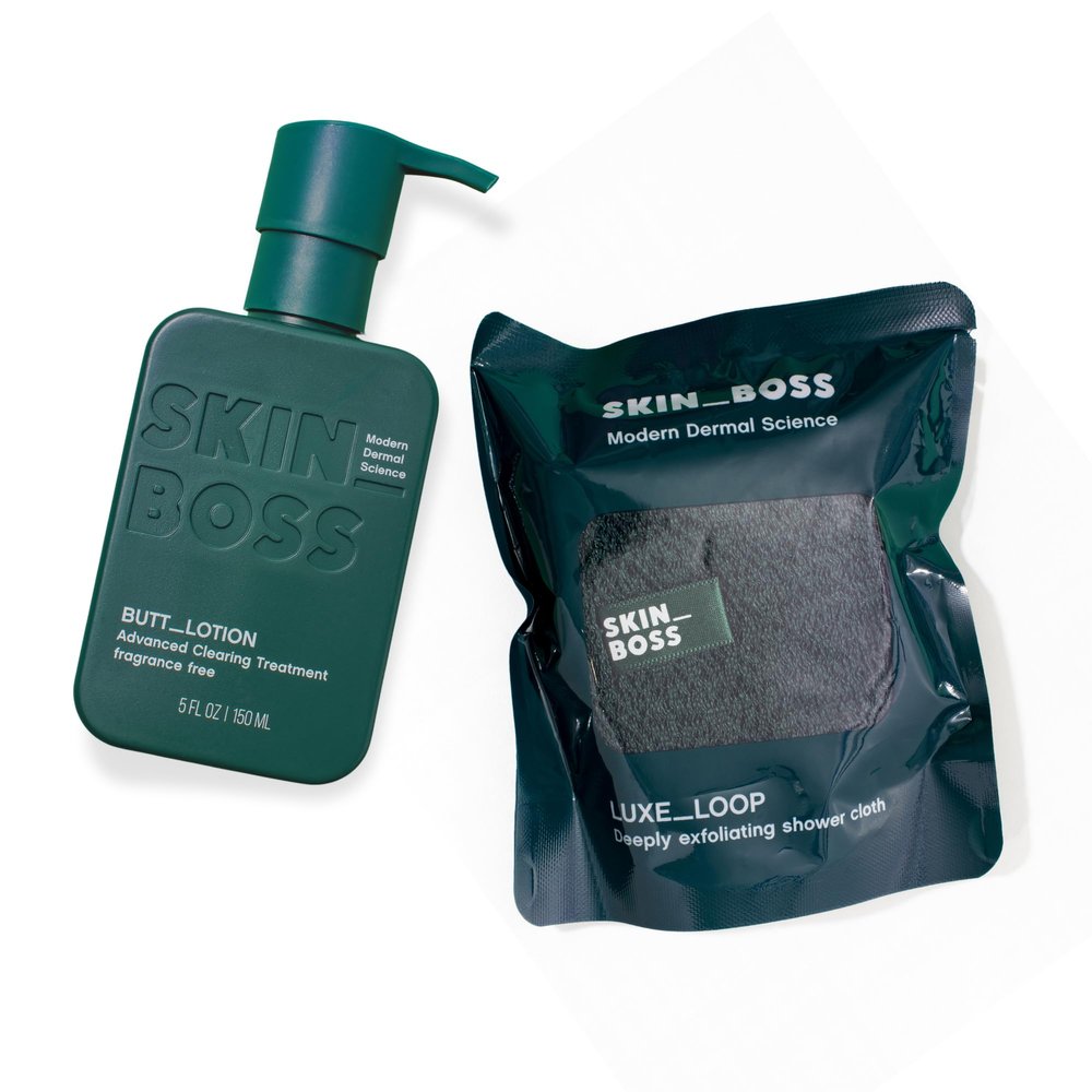 Skin Boss ExfoliMATE Magic Exfoliating Clearing Lotion Shower Cloth Bundle  Body, Back, Bum, Clear Skin Formula  5 Fl Oz - (Teal)