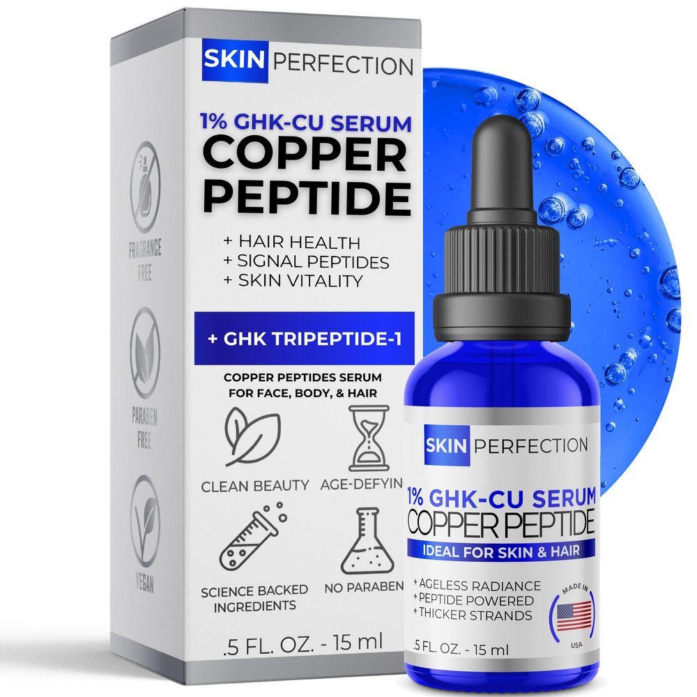 Skin Perfection GHK-CU Copper Peptides Serum for Face & Hair - Copper Peptide for Skin, Hair & Scalp - 1% Blue Liquid for Face, Neck, Body, and Scalp  Multi-Use Serum Booster with Dropper 0.5 fl oz
