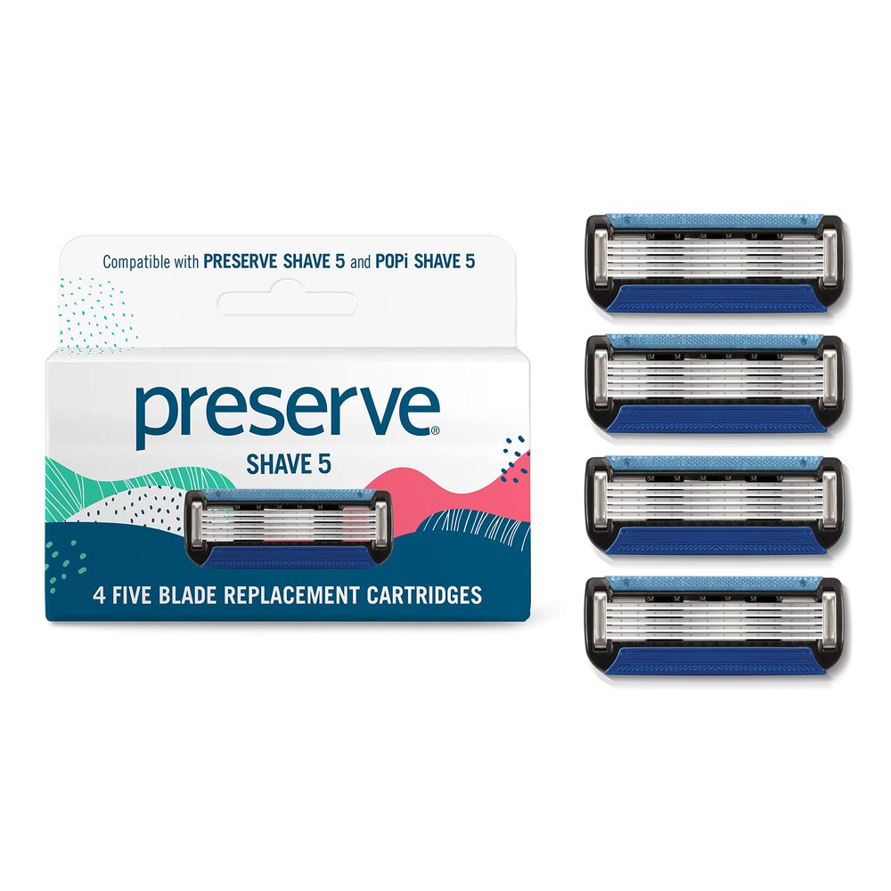 Preserve Shave 5 Razor Blades Refills - 5 Blade Razors for Men & Women - Ceramic Coated Shavers for Comfort with Aloe-Cocoa Butter Strip - Reusable Shaving Refill - 4 Pack