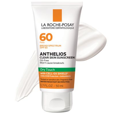 La Roche-Posay Anthelios Clear Skin Sunscreen Dry Touch SPF 60, Oil Free Sunscreen For Face, Oil Absorbing, Broad Spectrum SPF + Antioxidants, Non-Greasy, Oxybenzone Free, Travel Size