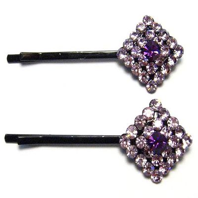 2 Victorian Lilac Austrian Rhinestone Crystal Hair Clips Barrette Body Pin