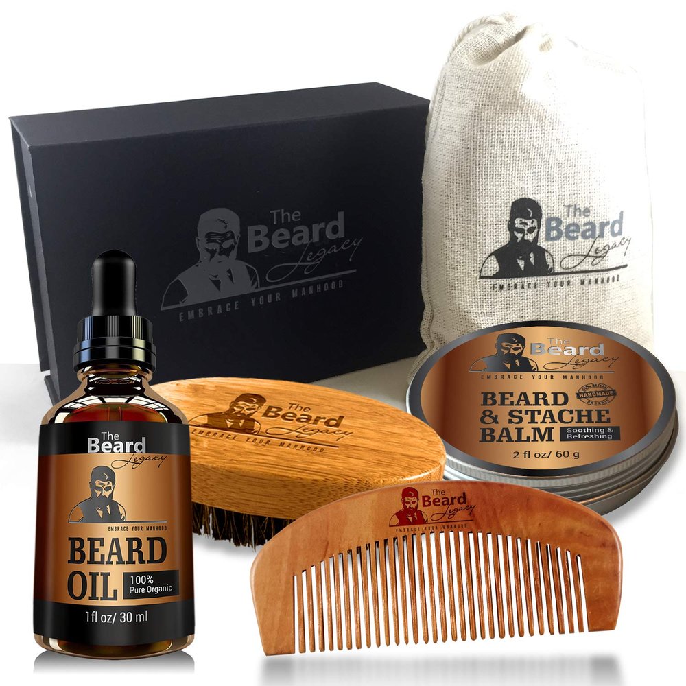 Beard Grooming for Men Care - Beard Brush, Beard Comb, Unscented Beard Oil Leave-in Conditioner, Mustache & Beard Balm Butter Wax, Shaping & Growth Gift Set