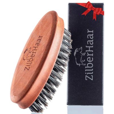 ZilberHaar Pocket Mustache and Beard Brush - Stiff Boar Bristles Small Brush - Perfect Beard Grooming Tool - Relieves beard itch - Short and Medium - Made in Europe