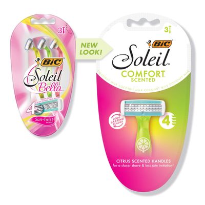 BIC Soleil Comfort Scented Disposable Razors for Women, Sensitive Skin Razor with Aloe Vera and VItamin E Lubricating Strip and 4 Blades, 3 Piece Razor Set