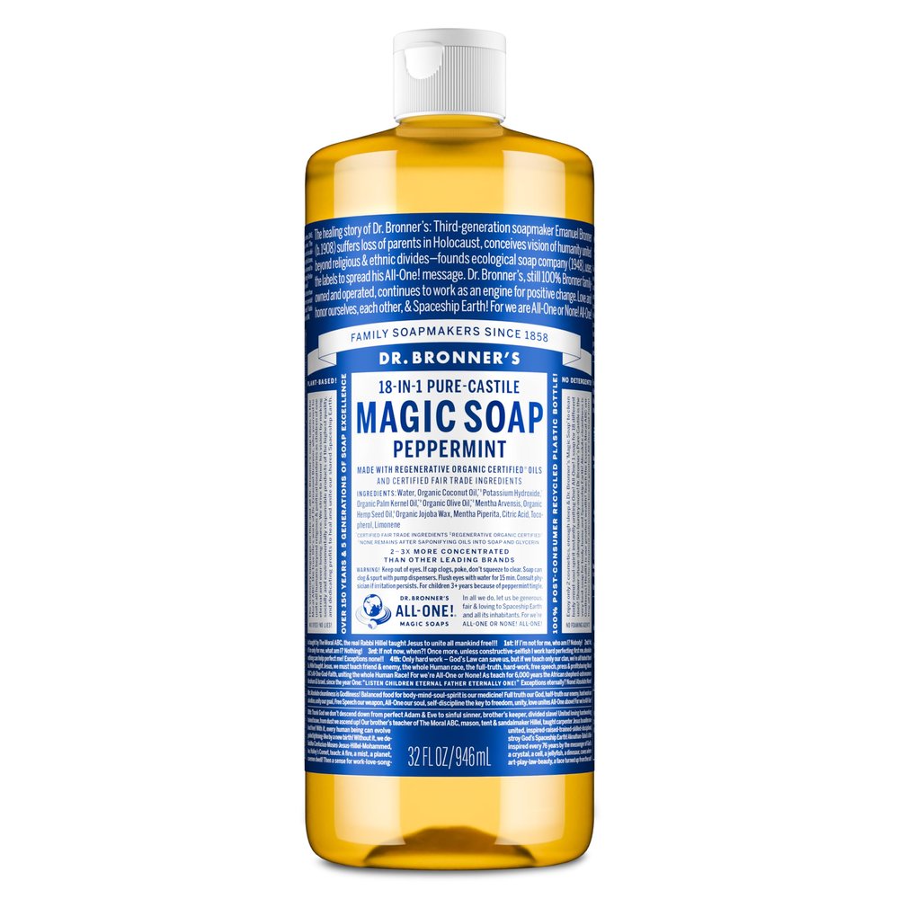 Dr. Bronner's Pure-Castile Magic Liquid Soap - Made with Regenerative Organic Certified Oils- 18-in-1 Uses for Face, Body, Hand, Hair, Laundry & More- Vegan, Non-GMO- Body Wash- Peppermint,32oz