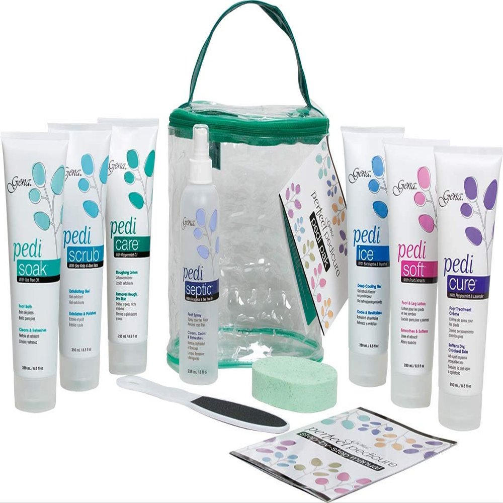 Gena Pedi Pak Intro Kit - 7-Piece Pedicure Kit Foot Spa with Foot Scrub, Soak & Pumice Stone in a Tote, At-Home Pedicure Set