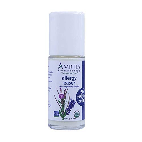 Amrita Aromatherapy Organic Allergy Easer Roll-On Relief, Natural Allergy Relief, Organic Lotion Base with Blue Chamomile, Amni Visnaga, Lavender, Palmarosa and Hyssop Essential Oils, 30 milliliters