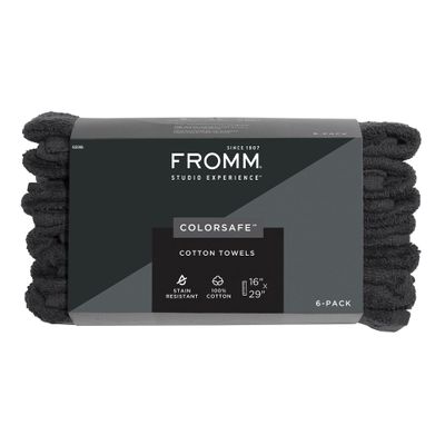 Fromm ColorSafe 100% Cotton Bleach Proof Salon Hair Towels for Hairstylists, Barbers, Spa, Gym in Black, 16" by 29", 6 count Absorbent Stain Resistant Towels for Drying Curly, Long, Wavy Hair