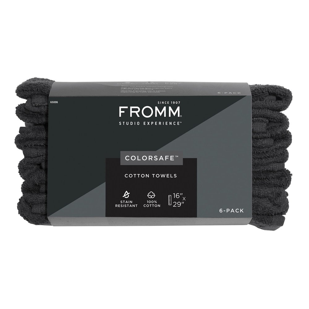 Fromm ColorSafe 100% Cotton Bleach Proof Salon Hair Towels for Hairstylists, Barbers, Spa, Gym in Black, 16" by 29", 6 count Absorbent Stain Resistant Towels for Drying Curly, Long, Wavy Hair