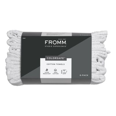 Fromm ColorSafe 100% Cotton Bleach Proof Salon Hair Towels for Hairstylists, Barbers, & Spa, 16" by 29", Absorbent Stain Resistant Towels for Drying All Hair Types, Color Safe Towels, White 6-Pack
