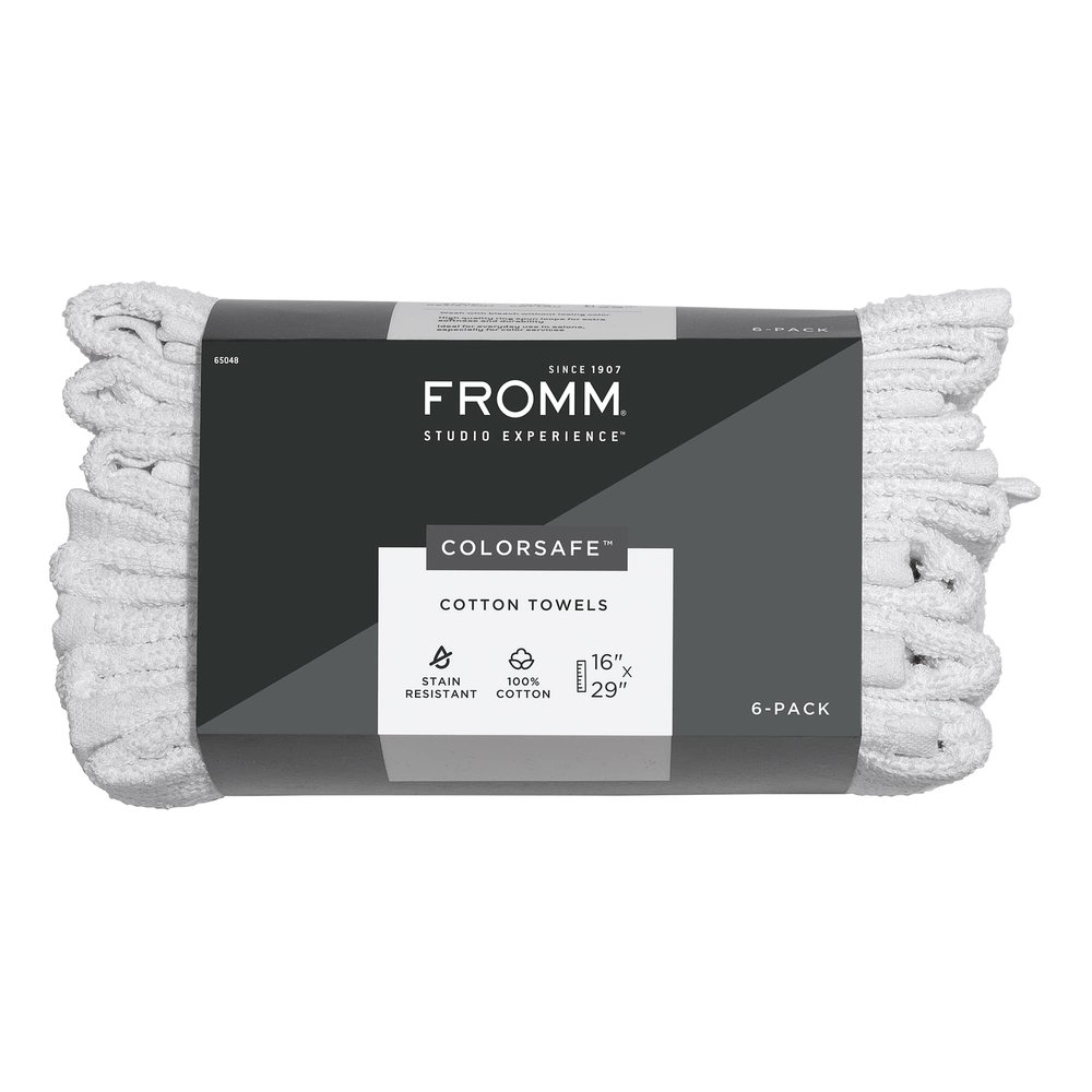 Fromm ColorSafe 100% Cotton Bleach Proof Salon Hair Towels for Hairstylists, Barbers, & Spa, 16" by 29", Absorbent Stain Resistant Towels for Drying All Hair Types, Color Safe Towels, White 6-Pack
