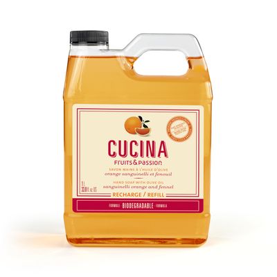 Cucina Fruits & Passion Hand Soap Refill 1 Liter (33.8 oz) Sanguinelli Orange and Fennel Purifying All Natural Kitchen Hand Soap with Olive Oil Vegan and Moisturizing Formula