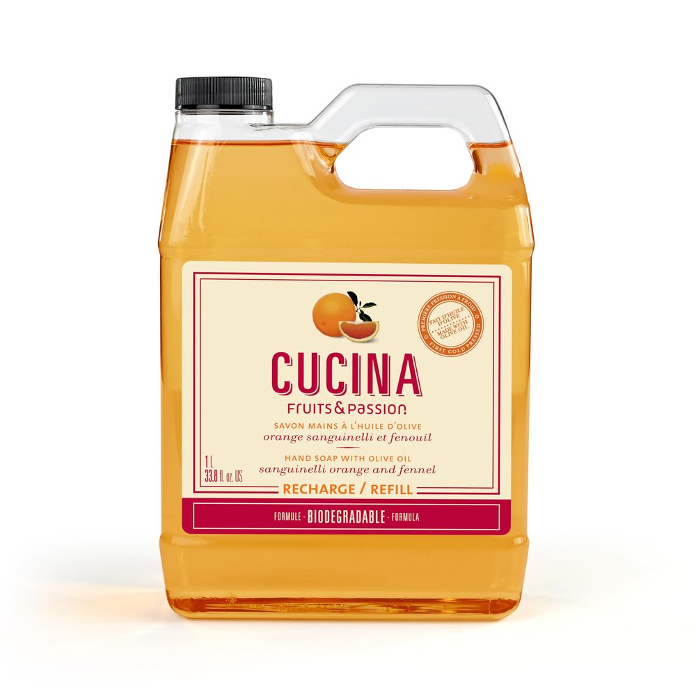 Cucina Fruits & Passion Hand Soap Refill  1 Liter (33.8 oz) Sanguinelli Orange and Fennel  Purifying All Natural Kitchen Hand Soap with Olive Oil  Vegan and Moisturizing Formula