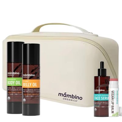 Mambino Organics Bun in the Oven Kit + Free Bag - Pregnancy Skin Care Kit with Body Oil, Belly Oil, Lip Balm & Face Serum - Organic Skincare Set for Pregnant Women - 5 Piece Set