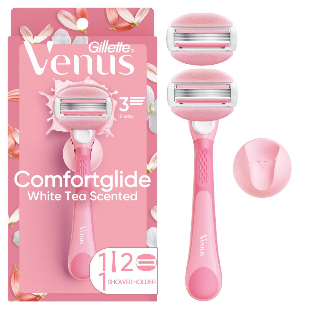 Gillette Venus ComfortGlide Razor for Women, White Tea Scented Gel Bars, Includes 1 Reusable Razor Handle + 2 Refills, Built-in Shave Gel Bars, Holiday Gifts for Women