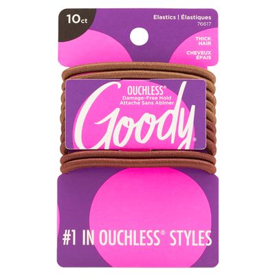 Goody Ouchless Hair Elastics  No Pull, No Breakage, Tangle-Free Hold for Thick, Curly, Coily & Textured Hair  10 Count, Brunette, Long-Lasting Ponytail Holders for Women & Men
