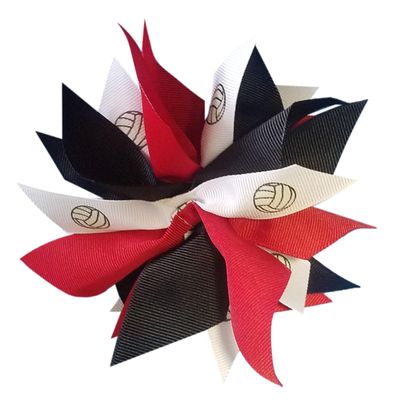 Sublimation Specialties Extra Large Volleyball Hair Pom Hair Bow - Made in The USA, Black/Red, White Pony Band