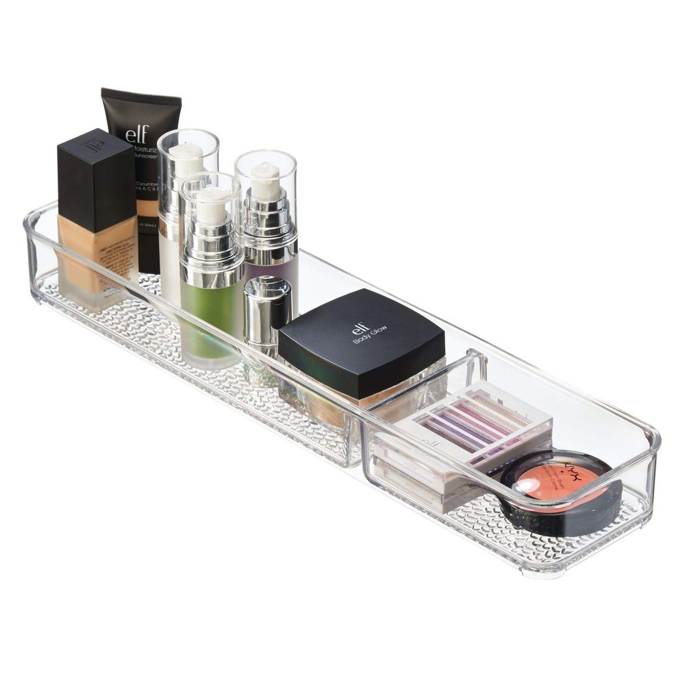 iDesign 48850 Rain Divided Tray for Vanity, Bathroom, Countertop, Drawer, Cosmetics, Makeup, Toiletries, Craft and Office Supplies, BPA-Free, 4" x 16" x 2", 2 Compartments