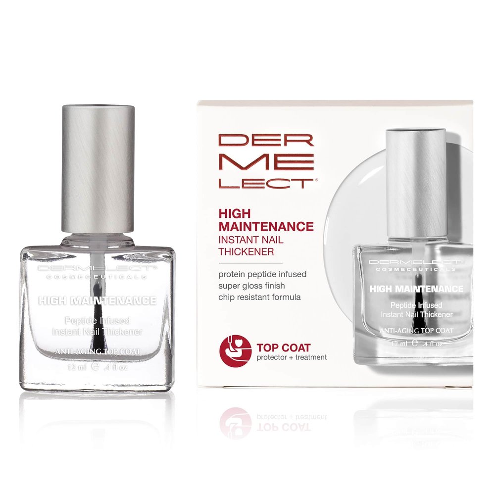 Dermelect High Maintenance Instant Nail Thickener - Nailcare Top Coat with Keratin Protein Peptides, Strengthening, Hardening Protective High Shine Treatment for Weak, Thin, Damaged Nails 0.4 oz