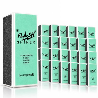 Design Nail Flash Shiner 4-Way Nail Buffer Block, 320/400/4000 Grit, 3-Step Nail Shiner for Natural Nails, Smooth, Buff, Polish & Shine, Pack of 24