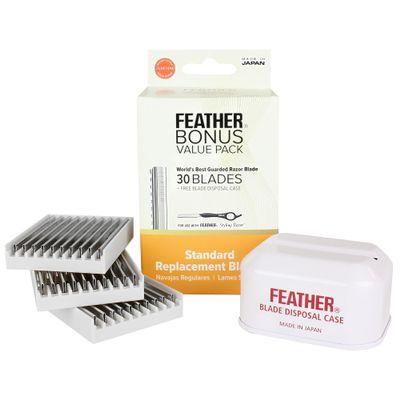Feather Bonus Value Pack - Styling Razor Standard Blades - Professional Hair Cutting Blades for Styling, Shaping, Thinning - Single Edge Guarded Blade -Made in Japan- 30 Counts + 1 Blade Disposal Case
