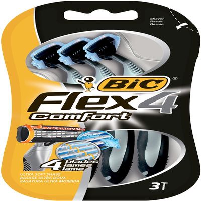 Bic Flex 4 Comfort Men's Razors - Pack of 3 Disposable 4-Blade Razor - with Lubricating Strip for A Smooth And Precise Shave