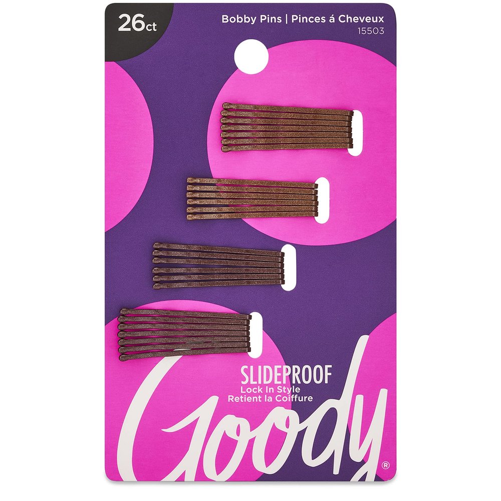Goody SlideProof Bobby Pins, 26 Ct, Brown, Comfortable Bobby Hair Pins for Styling, Lock In Place, Pain-Free Styling Accessories for Women & Men, All Hair Types