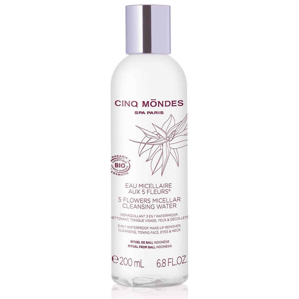 Cinq Mondes Five Flowers Micellar Cleansing Water 6.8 Fl.oz.- French-Crafted Organic Waterproof Eye Makeup Remover - Natural Balinese Flower Extracts - Cleanse And Tone The Skin