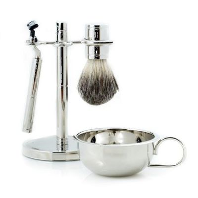 Bey-Berk Chrome Shaving Set, 4-Piece Razor and Pure Badger Brush with Soap Bowl and Stand, Compatible with Mach 3 Blades, Tarnish-Resistant Silver Shaving Kit for Men