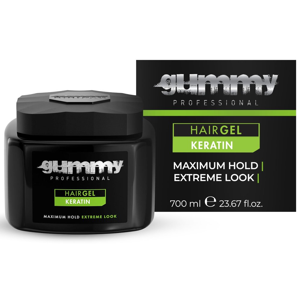 Gummy Professional Hair Gel Maximum Hold with Keratin Extreme Styling for Slick Back, Curly & Wet Look Hairstyles Long-Lasting Hold & Shine 700 ml / 23.5 fl. oz