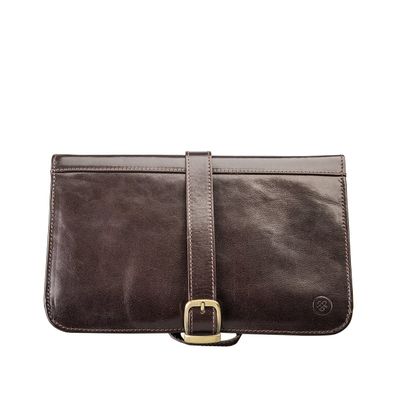 Maxwell Scott - Mens Luxury Leather Folding Hanging Toiletry Bag with Buckle Fastening and Hook - The Pratello Dark Brown