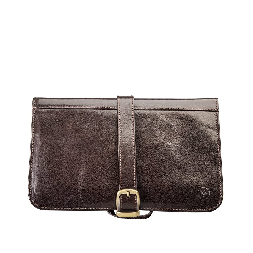 Maxwell Scott - Mens Luxury Leather Folding Hanging Toiletry Bag with Buckle Fastening and Hook - The Pratello Dark Brown