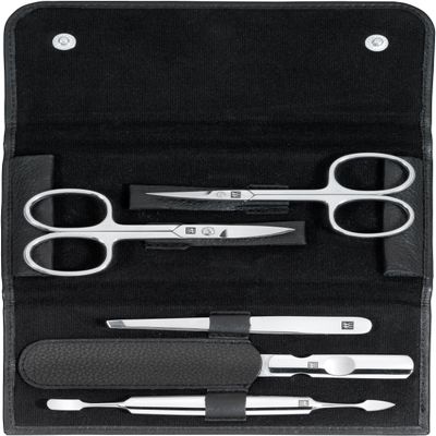 ZWILLING Beauty Classic INOX 6-pc Manicure and Pedicure Set with Black Leather Case, Nail Care Made of Genuine Leather with Push Button