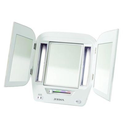 JERDON Modern Tri-Fold Makeup Mirror with Lights - Vanity Mirror with 5X Magnification & Multiple Light Settings - White Base - Model JGL10W