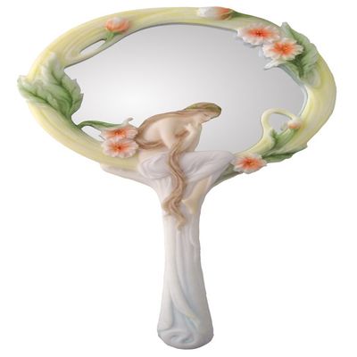 11 Inch Multicolor Resin Art Nouveau Thoughtful Poppy Lady Hand Mirror