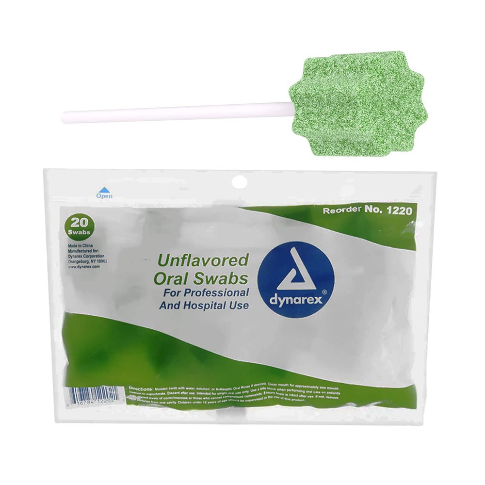 Dynarex Unflavored Oral Swabsticks, Cotton Swabs that Gently Clean, Moisten, and Refresh Mouth, Teeth, and Gums, 20 Swabsticks per Pack