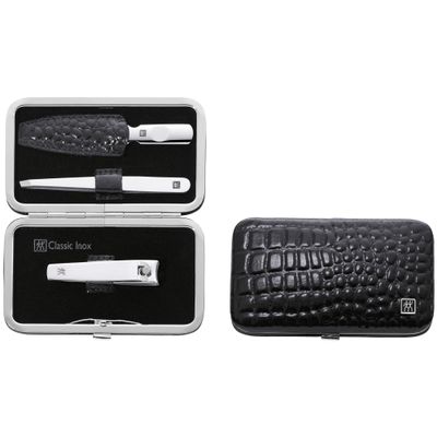 ZWILLING Manicure Set Pedicure kit, Nail Care Complete Set, Cowhide, Croco Edition, 3 Pieces, Black